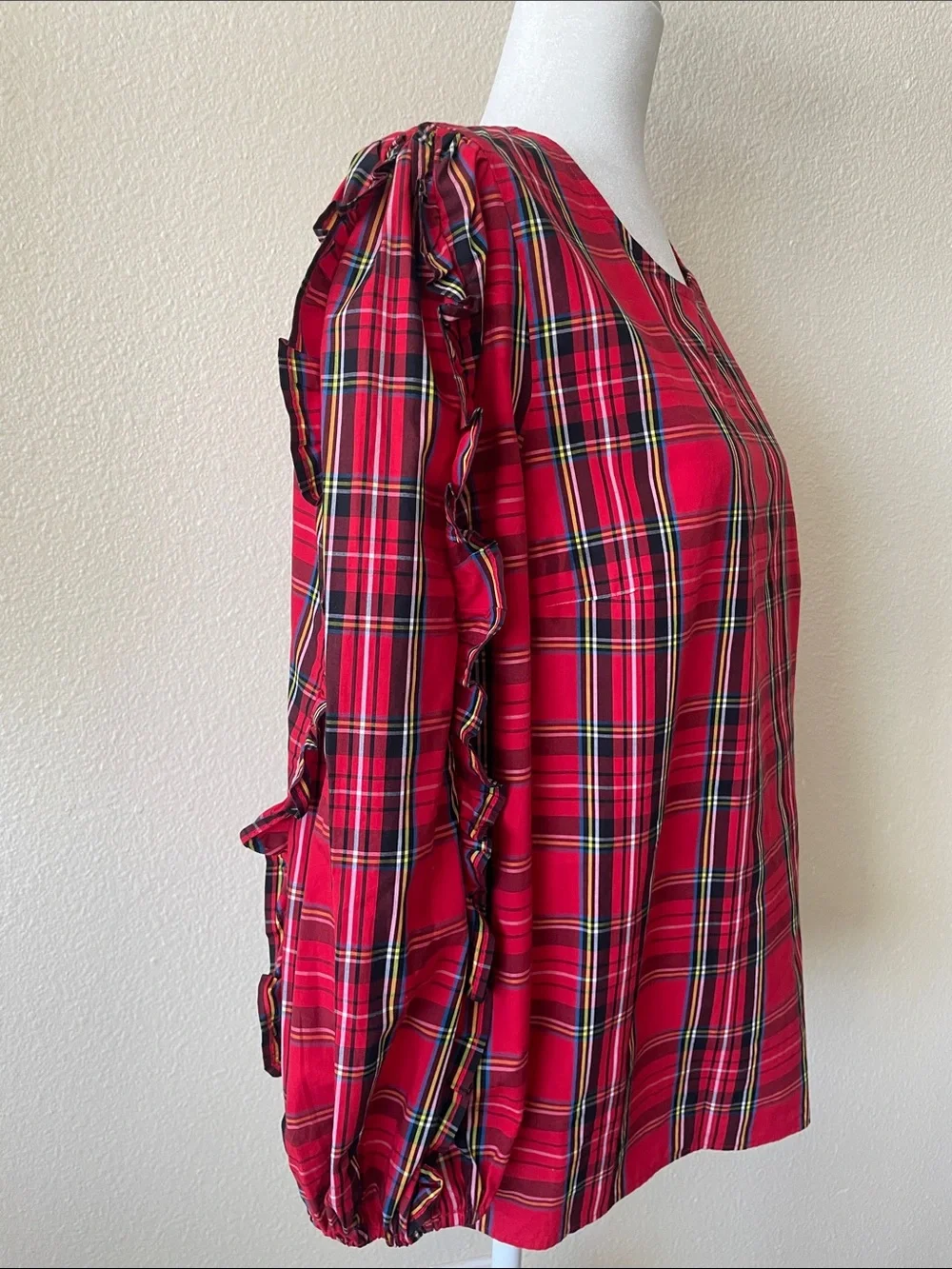 J.Crew Red Tartan Plaid Ruffle Sleeve Cotton Blouse Medium Holiday Preppy Top
